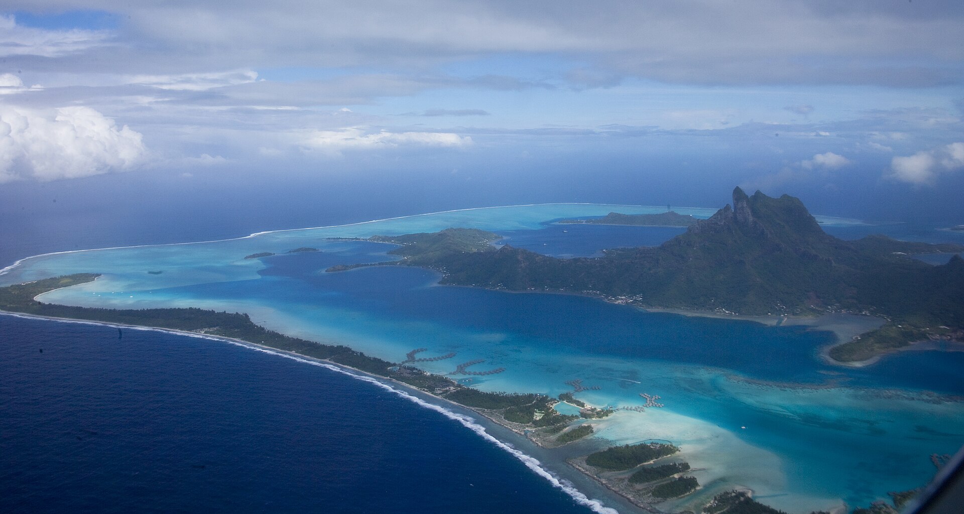 Aerial view of the Bora Bora lagoon, reef and Mount Otemanu