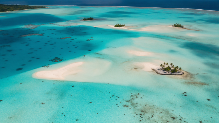 Turquoise Aitutaki lagoon with sandbanks and palm islets