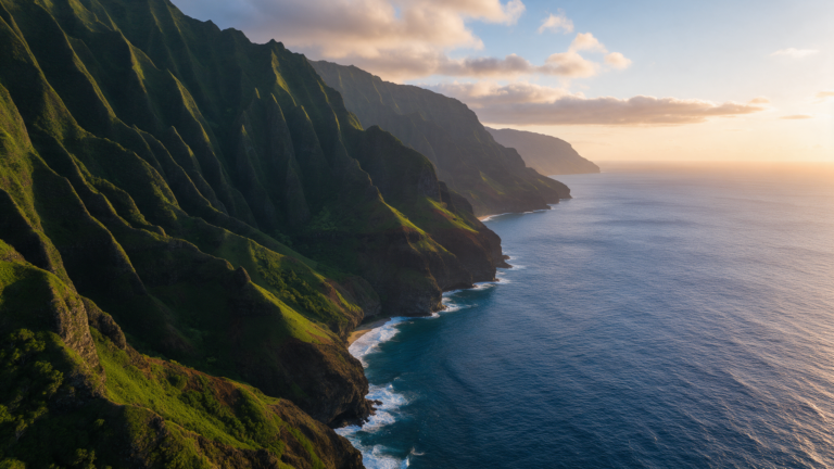 Steep green cliffs of the Na Pali coast meeting the Pacific at sunset